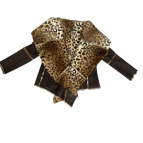DOLCE CABO Leopard Print Brown Faux Fur Mobwife Waterfall Open Jacket S EUC - Picture 3 of 16